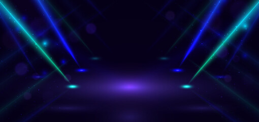 Abstract technology futuristic dark blue and green light rays effect background.