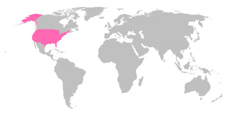 Vector map of the world with the country of United States of America highlighted in Pink on grey white background.