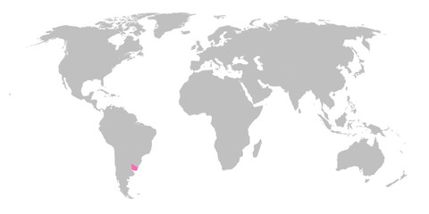 Vector map of the world with the country of Uruguay highlighted in Pink on grey white background.