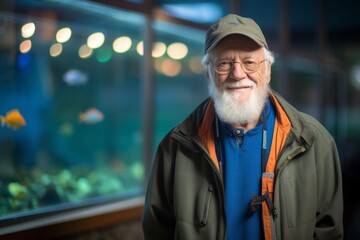 Environmental portrait photography of a happy old man wearing a lightweight windbreaker against a vibrant aquarium background. With generative AI technology