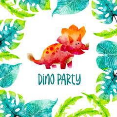Cute Watercolor Triceratops Dinosaur Vector Card Background   © Farissa