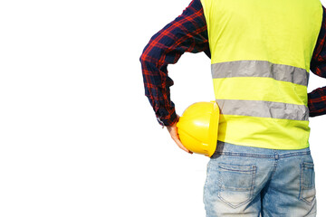 Construction worker holding yellow helmet. Building worker wearing fluorescent waistcoat. Isolated.
