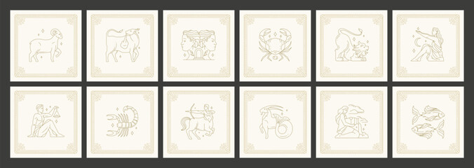 Astrology symbols lunar calendar antique element line art deco vintage card design set vector - obrazy, fototapety, plakaty