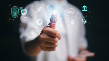 Biometrics security, Women use fingerprint identification to access personal financial data. The idea for E-kyc electronic know your customer, innovation technology against digital cybercrime.