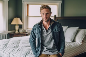 Fototapeta premium Medium shot portrait photography of a glad boy in his 30s wearing comfortable jeans against a cozy bed and breakfast background. With generative AI technology