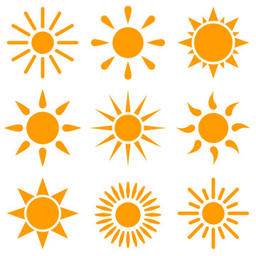 Set of sun icons. Cartoon. Vector illustration. Isolated on white background