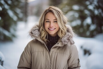 Medium shot portrait photography of a happy girl in her 30s wearing a cozy winter coat against a peaceful spa background. With generative AI technology
