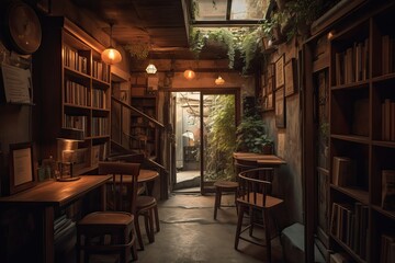 Fototapeta na wymiar Aesthetic library cafe with a bohemian style, generative ai
