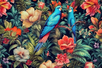 Exotic tropical aesthetic pattern with macaws and flowers in bright colors and lush vegetation, generative AI