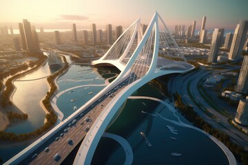 Naklejka na ściany i meble Modern high rise city with an impressive bridge, generative ai