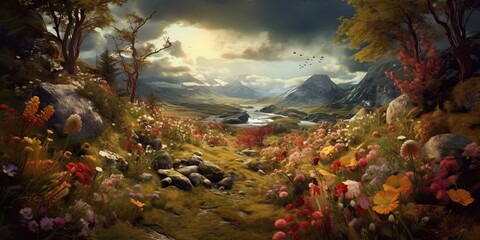 Highlands spring landscape, generative ai