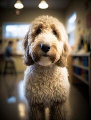 close up portrait of a Frightened goldendoodle in the veterinarian office. Waiting for vaccination. AI generative
