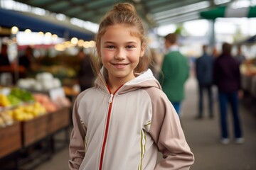 Environmental portrait photography of a satisfied kid female wearing a comfortable tracksuit against a bustling farmer's market background. With generative AI technology