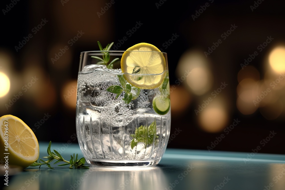 Poster gin tonic in a glass with ice. generated by ai generative ai