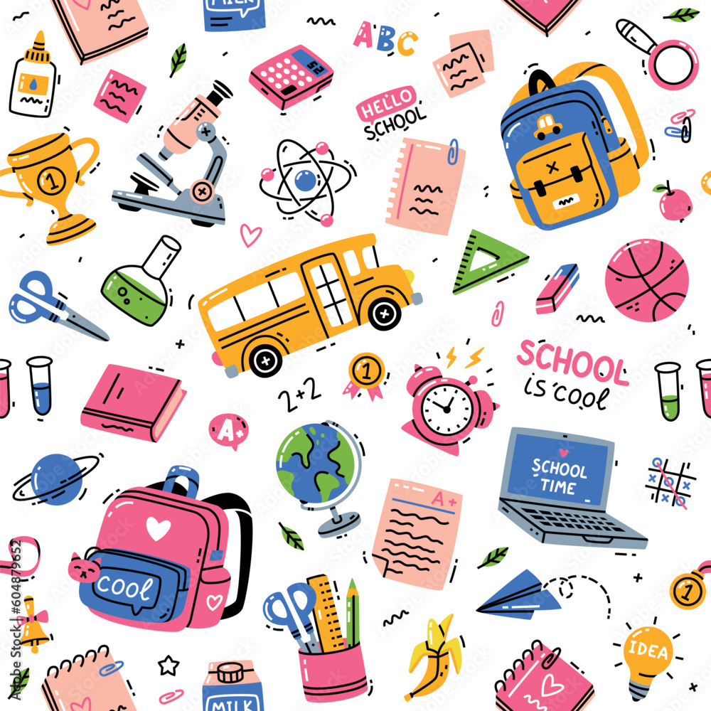 Poster back to school seamless pattern with school bus and backpack vector template
