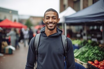 Medium shot portrait photography of a satisfied boy in his 30s wearing soft sweatpants against a bustling farmer's market background. With generative AI technology