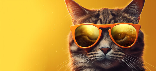 cat in sunglasses, summertime holiday concept, panoramic layout. Generative Ai