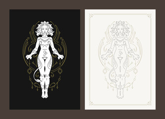 Leo zodiac female antique goddess lunar character with mane line art deco poster design set vector