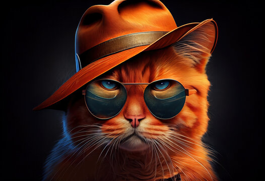 red cat in sunglasses and sombrero hat. Generative Ai