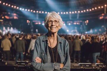Full-length portrait photography of a satisfied old woman wearing comfortable jeans against a lively concert venue background. With generative AI technology