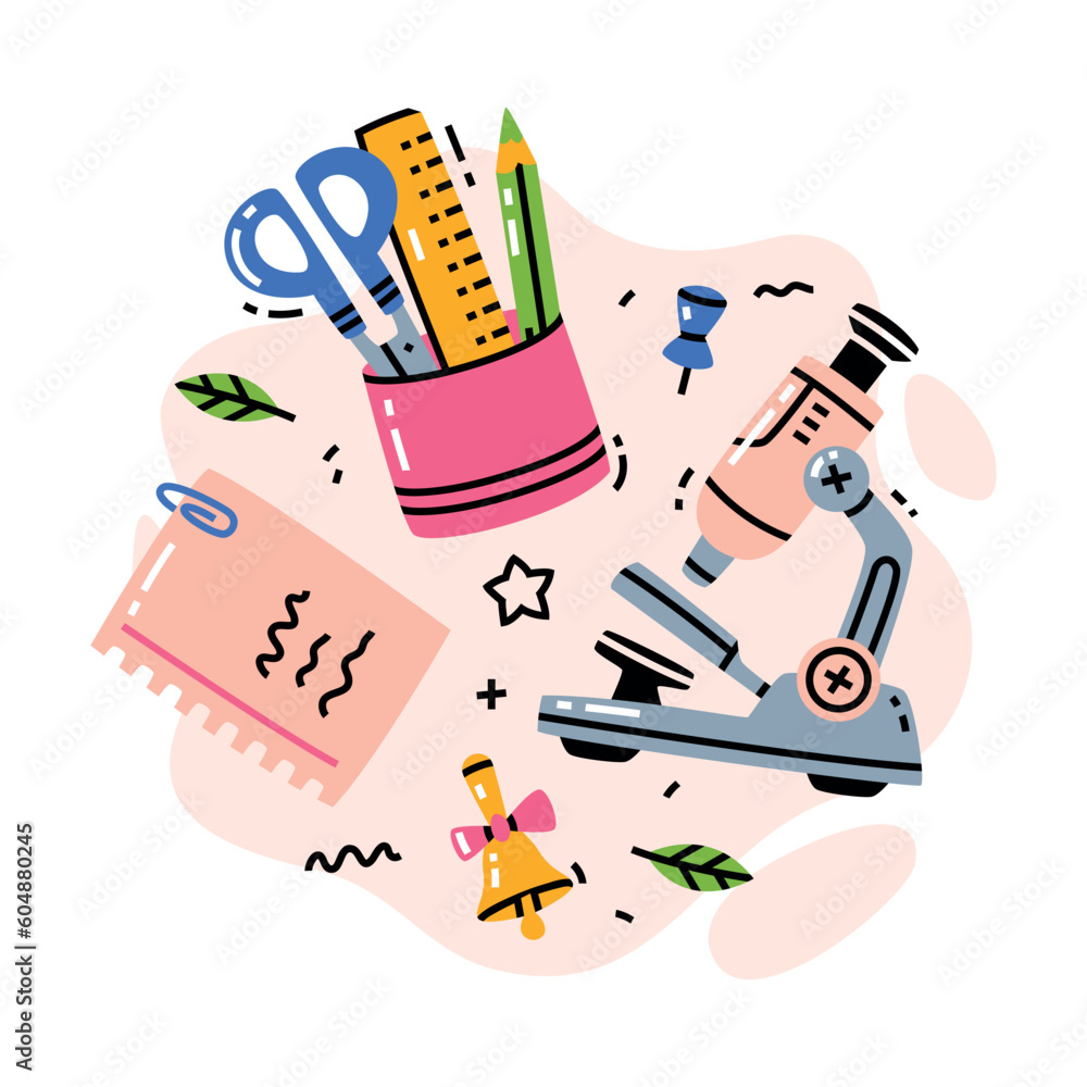 Poster school supply with microscope, bell, notepad paper and ruler with scissors vector composition