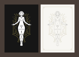 Aquarius zodiac woman goddess horoscope character with water line art deco poster design set vector