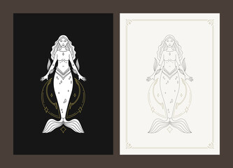 Pisces zodiac woman goddess mermaid celestial character line art deco poster design set vector