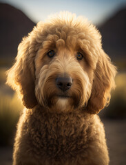 Fototapeta premium close up portrait of a cute goldendoodle outdoor on the nature. AI generative