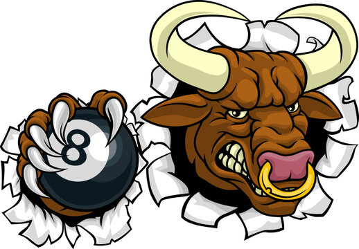 A bull or Minotaur monster longhorn cow angry mean pool mascot cartoon character.