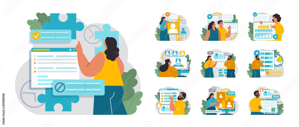 Poster tasking set. setting and following schedule. time optimization of office