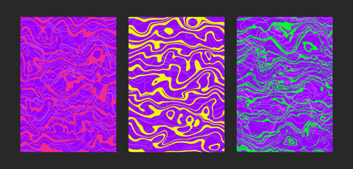 Psychedelic wavy posters set. Trippy groovy abstract backgrounds on bright neon colors. Fluid marble stone texture. Cool funky patterns. Modern vertical design. Vector illustration