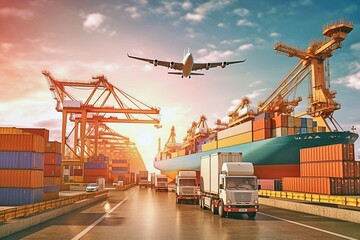Global Supply Chain: Business Logistics in Action with Plane, Truck, and Train - AI Generative - obrazy, fototapety, plakaty