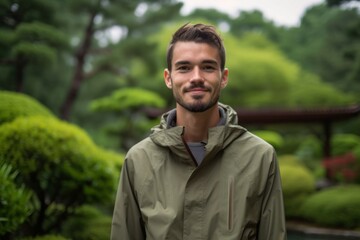 Medium shot portrait photography of a satisfied boy in his 30s wearing a lightweight windbreaker against a tranquil japanese garden background. With generative AI technology