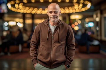 Fototapeta premium Lifestyle portrait photography of a glad mature man wearing soft sweatpants against a bustling casino background. With generative AI technology