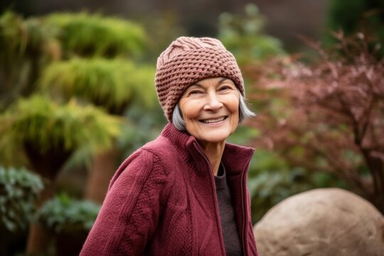 Environmental portrait photography of a joyful old woman wearing a warm beanie or knit hat against a tranquil japanese garden background. With generative AI technology