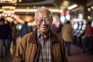 Obraz premium Lifestyle portrait photography of a satisfied old man wearing a denim jacket against a bustling casino background. With generative AI technology