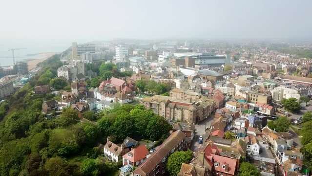 Aerial drone video of Folkestone, a coastal town in Kent England