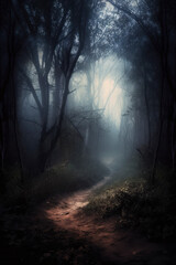 Dark foggy forest path way, Scary night forest, Generative AI