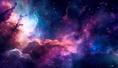 Fototapeta premium Nebula stardust wallpaper, blue, purple and magenta galaxy. Generative Ai Illustration.