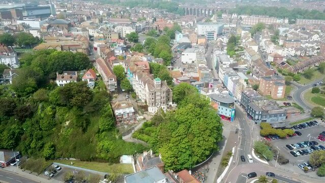 Aerial drone video of Folkestone, a coastal town in Kent England