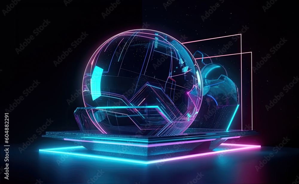 Poster futuristic neon image with a glass sphere with reflections and glowing lines, created with generativ