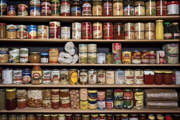 a shelf of neatly arranged canned goods, created with generative ai - obrazy, fototapety, plakaty
