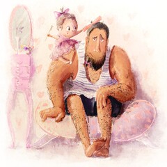 Daughter Doing Her Hair to Dad Childish Cartoon Illustration. Father's Day