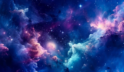 Obraz na płótnie Canvas Nebula stardust wallpaper, blue, purple and magenta galaxy. Generative Ai Illustration.