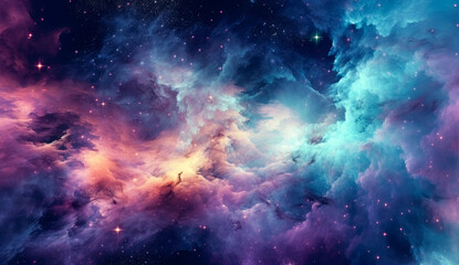 Obraz na płótnie Canvas Nebula stardust wallpaper, blue, purple and magenta galaxy. Generative Ai Illustration.