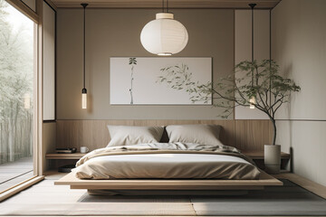 Modern Scandinavian style bedroom design. Generative AI.