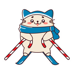 Cute white cat in a winter hat on skis in the style of kawaii. Sticker with a cat. Vector illustration of winter holidays. Suitable for prints, postcards, patches and more