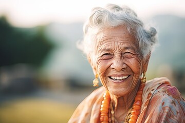 Close-up portrait photography of a grinning old woman wearing an elegant long skirt against a vibrant city park background. With generative AI technology