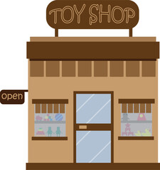 Toy shop window display, exterior brown building, kids toys vector illustration.