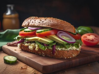 Tasty breakfast. Appetizing vegetable sandwich on a wooden cutting board in the kitchen. AI generative
